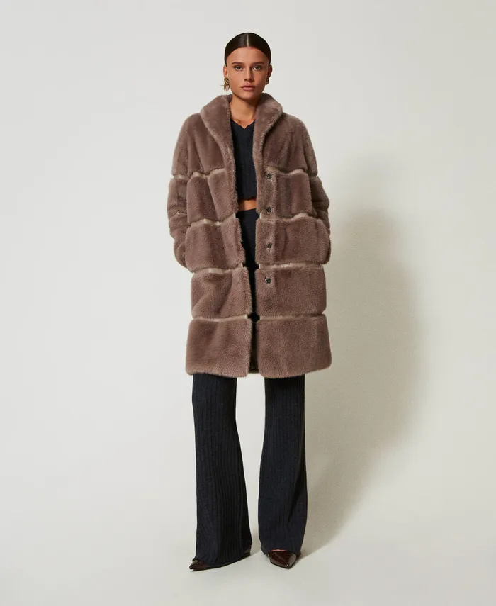 Twinset Faux Fur Coat With Inlays Dark Taupe Women Jackets And Outerwear