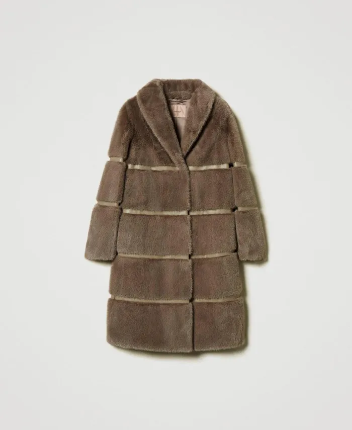 Twinset Faux Fur Coat With Inlays Dark Taupe Women Jackets And Outerwear Twinset Faux Fur Coat With Inlays Dark Taupe Women Jackets And Outerwear