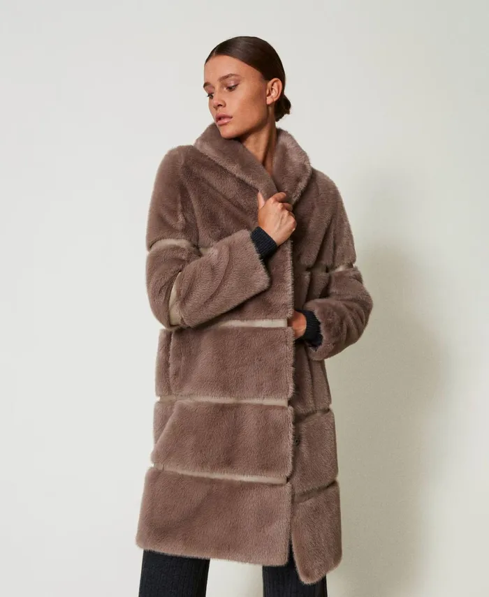Twinset Faux Fur Coat With Inlays Dark Taupe Women Jackets And Outerwear Twinset Faux Fur Coat With Inlays Dark Taupe Women Jackets And Outerwear