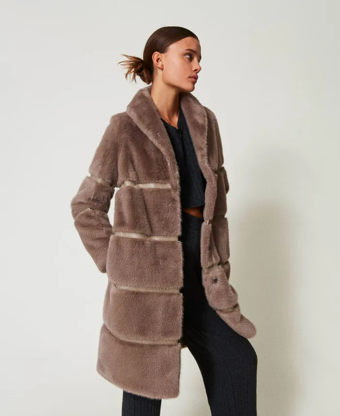 Twinset Faux Fur Coat With Inlays Dark Taupe Women Jackets And Outerwear Twinset Faux Fur Coat With Inlays Dark Taupe Women Jackets And Outerwear