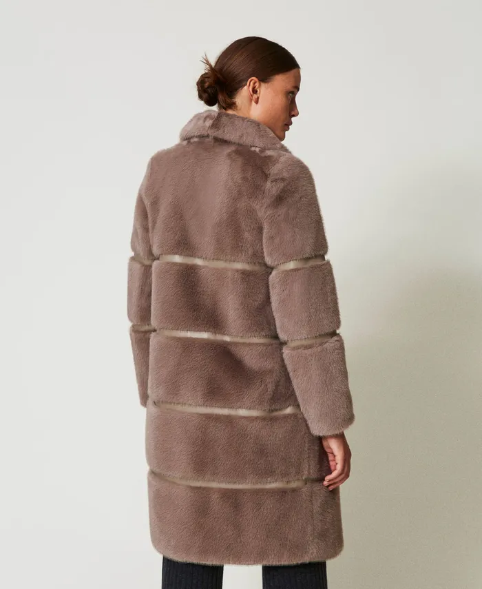 Twinset Faux Fur Coat With Inlays Dark Taupe Women Jackets And Outerwear Twinset Faux Fur Coat With Inlays Dark Taupe Women Jackets And Outerwear