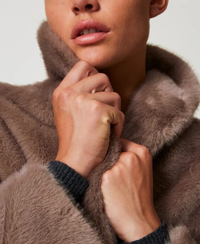 Twinset Faux Fur Coat With Inlays Dark Taupe Women Jackets And Outerwear Twinset Faux Fur Coat With Inlays Dark Taupe Women Jackets And Outerwear