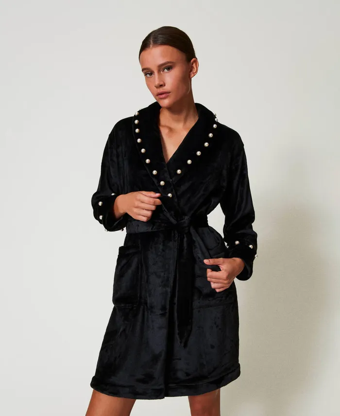 Twinset Faux Fur Dressing Gown With Pearls Black Women Underwear And Nightwear