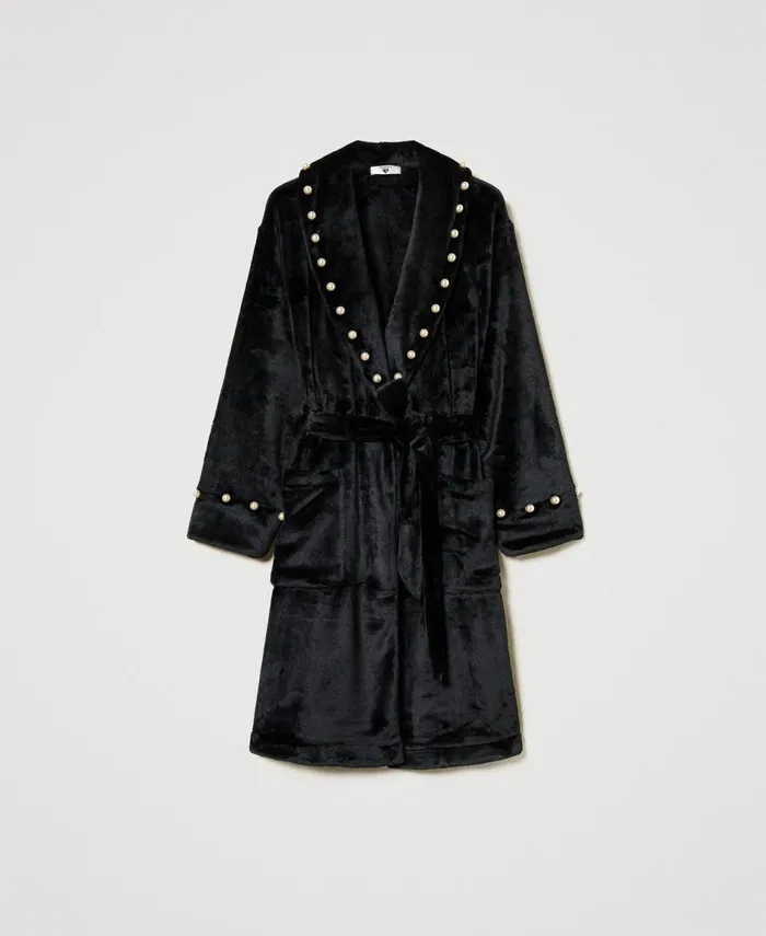 Twinset Faux Fur Dressing Gown With Pearls Black Women Underwear And Nightwear