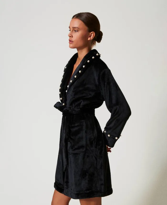 Twinset Faux Fur Dressing Gown With Pearls Black Women Underwear And Nightwear
