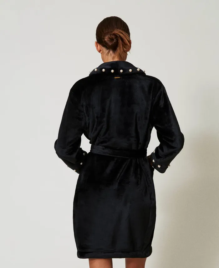 Twinset Faux Fur Dressing Gown With Pearls Black Women Underwear And Nightwear