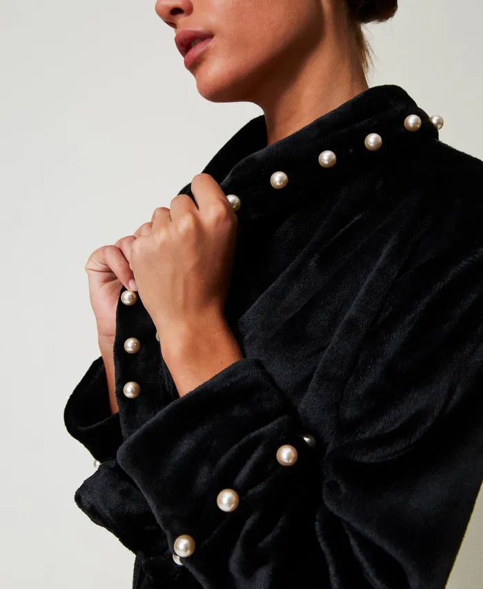 Twinset Faux Fur Dressing Gown With Pearls Black Women Underwear And Nightwear