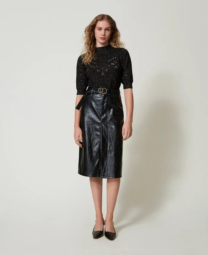 Twinset Faux Leather Midi Skirt Black Women Skirts