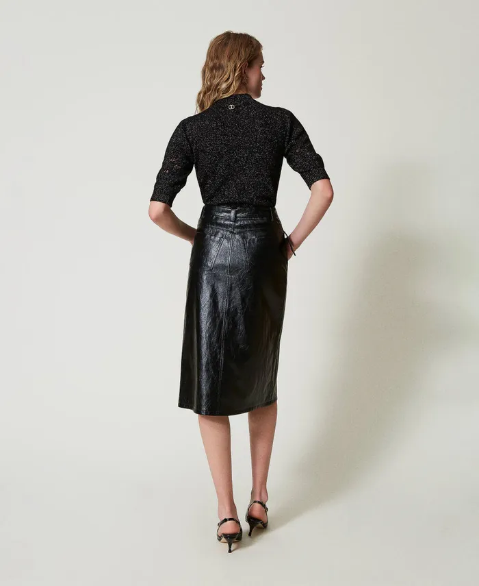 Twinset Faux Leather Midi Skirt Black Women Skirts Twinset Faux Leather Midi Skirt Black Women Skirts