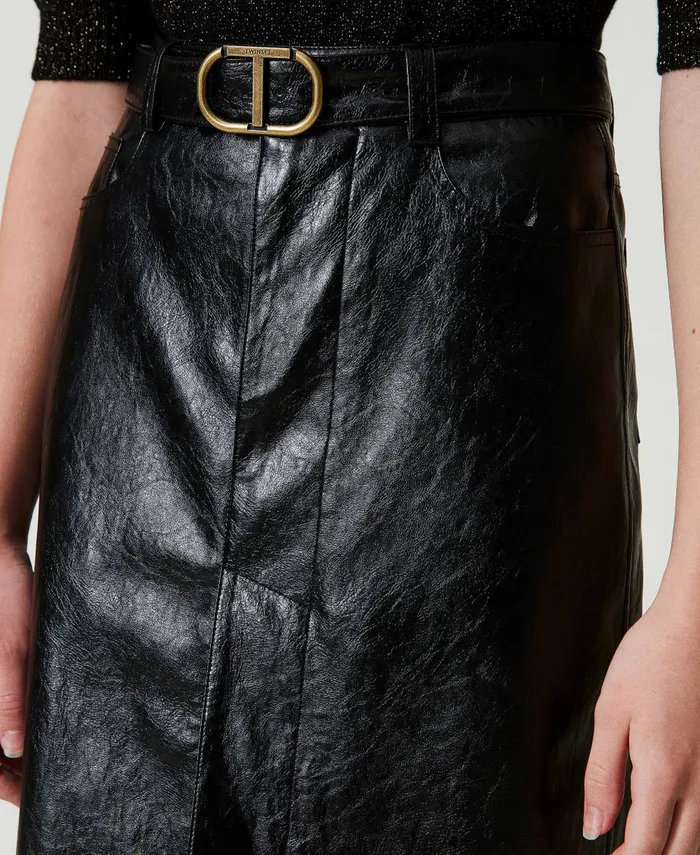Twinset Faux Leather Midi Skirt Black Women Skirts Twinset Faux Leather Midi Skirt Black Women Skirts