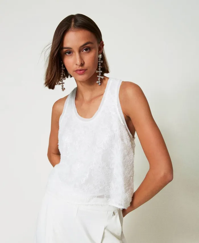 Twinset Full Sequin Tank Top Papers White Women TShirts And Tops Twinset Full Sequin Tank Top Papers White Women TShirts And Tops
