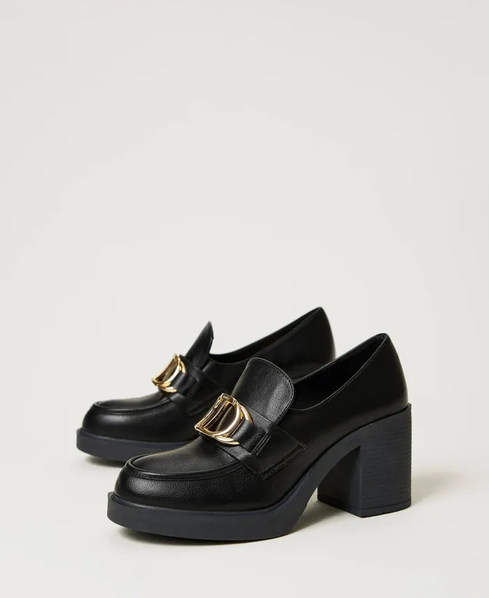 Twinset Heeled Loafers With Oval T Clasp Black Women Heels Twinset Heeled Loafers With Oval T Clasp Black Women Heels