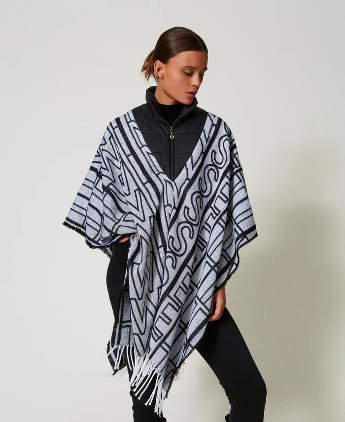 Twinset Jacquard Poncho With Logo Black Women Jackets And Outerwear