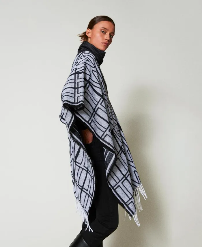 Twinset Jacquard Poncho With Logo Black Women Jackets And Outerwear Twinset Jacquard Poncho With Logo Black Women Jackets And Outerwear