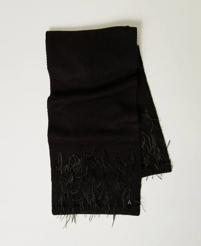 Twinset Jacquard Scarf With Feathers Black Women Scarves
