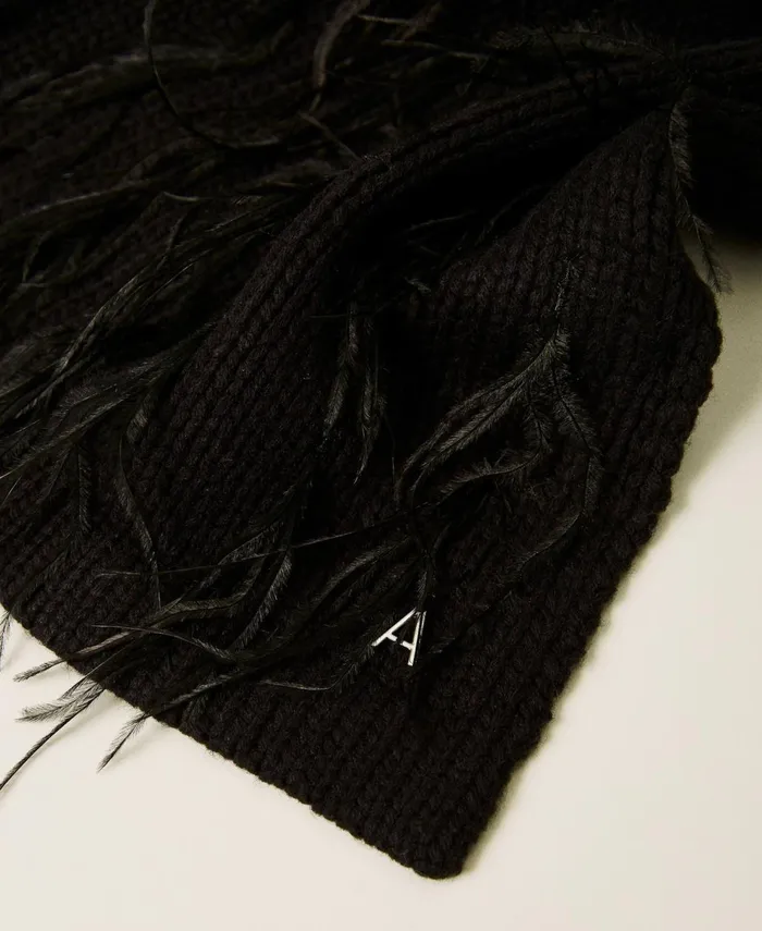 Twinset Jacquard Scarf With Feathers Black Women Scarves Twinset Jacquard Scarf With Feathers Black Women Scarves