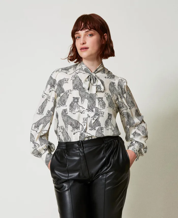 Twinset Jacquard Shirt With Jaguar Print Black Snow White Jaguar Print Women Blouses And Shirts