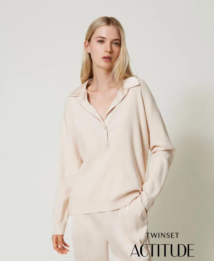 Twinset Jumper With Satin Collar Pink Cloud Pink Women Jumpers And Cardigans