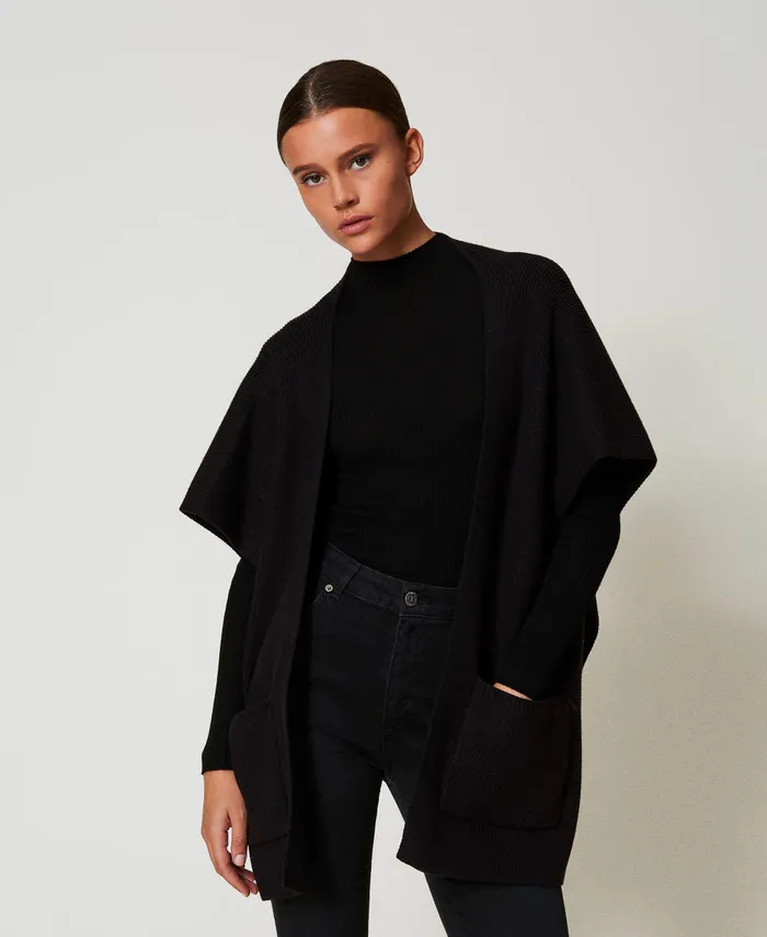 Twinset Knit Poncho With Embroidered Logo Black Women Jackets And Outerwear