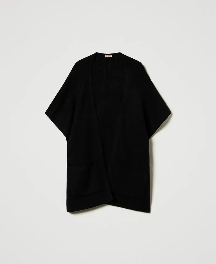 Twinset Knit Poncho With Embroidered Logo Black Women Jackets And Outerwear