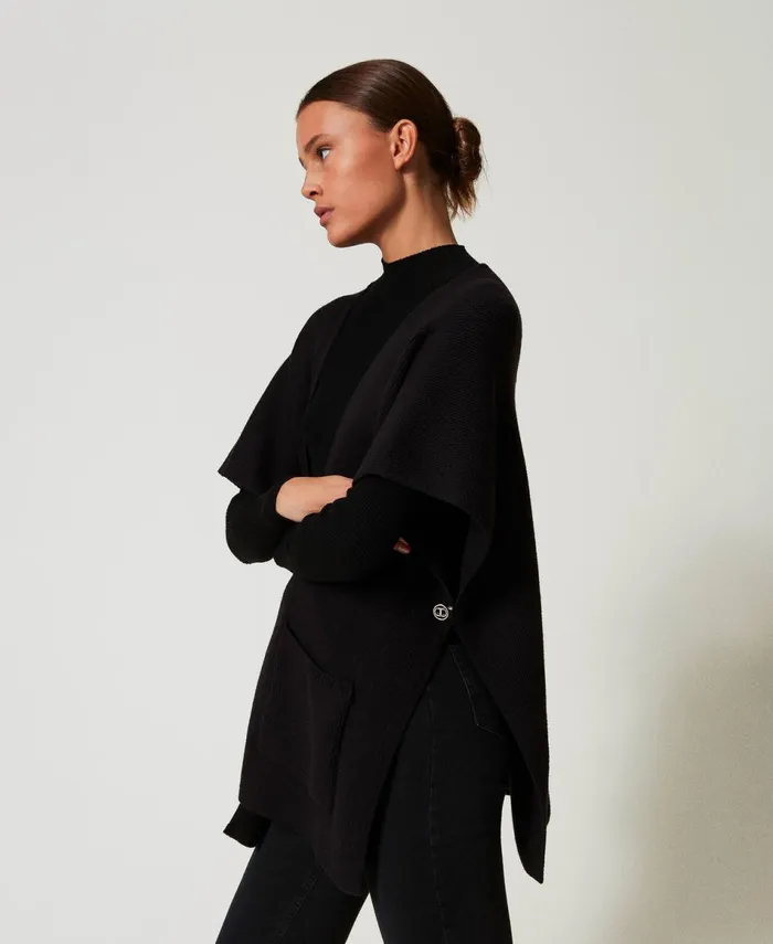 Twinset Knit Poncho With Embroidered Logo Black Women Jackets And Outerwear
