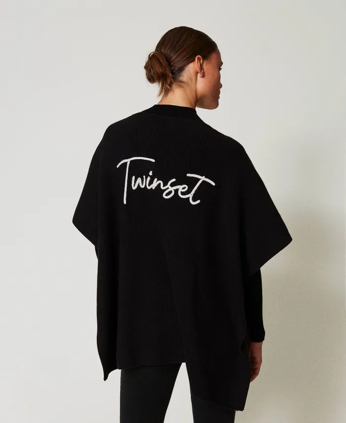 Twinset Knit Poncho With Embroidered Logo Black Women Jackets And Outerwear