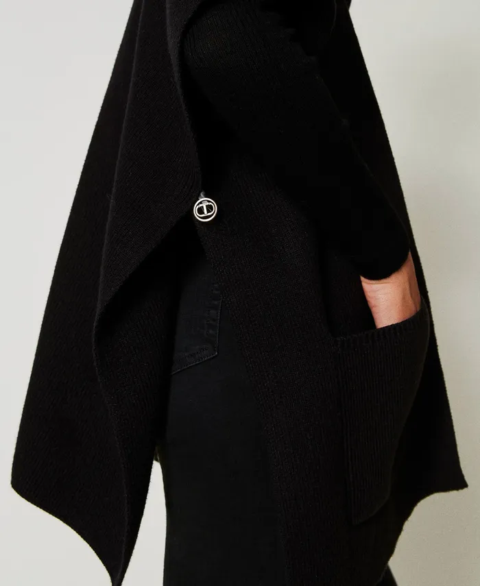 Twinset Knit Poncho With Embroidered Logo Black Women Jackets And Outerwear