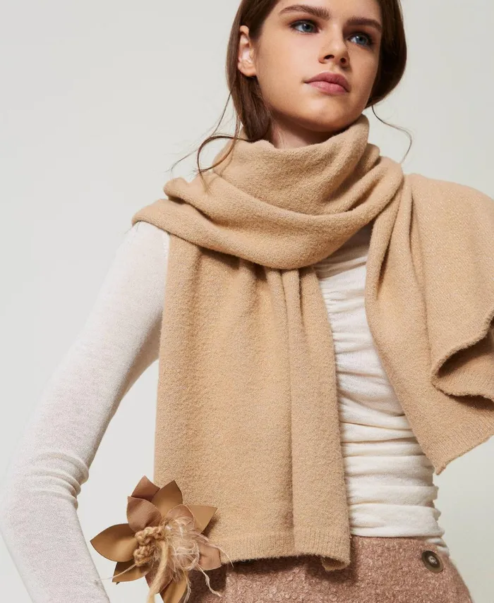 Twinset Knit Scarf With Floral Brooch Sesame Beige Women Scarves Twinset Knit Scarf With Floral Brooch Sesame Beige Women Scarves