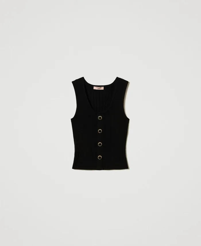 Twinset Knit Top With Decorative Buttons Black Women TShirts And Tops Twinset Knit Top With Decorative Buttons Black Women TShirts And Tops
