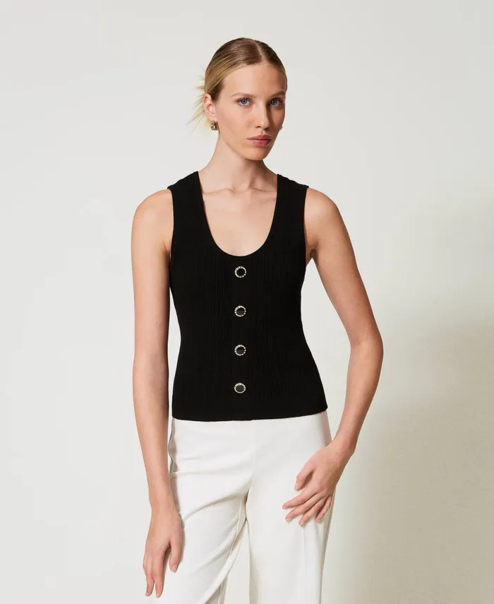 Twinset Knit Top With Decorative Buttons Black Women TShirts And Tops Twinset Knit Top With Decorative Buttons Black Women TShirts And Tops