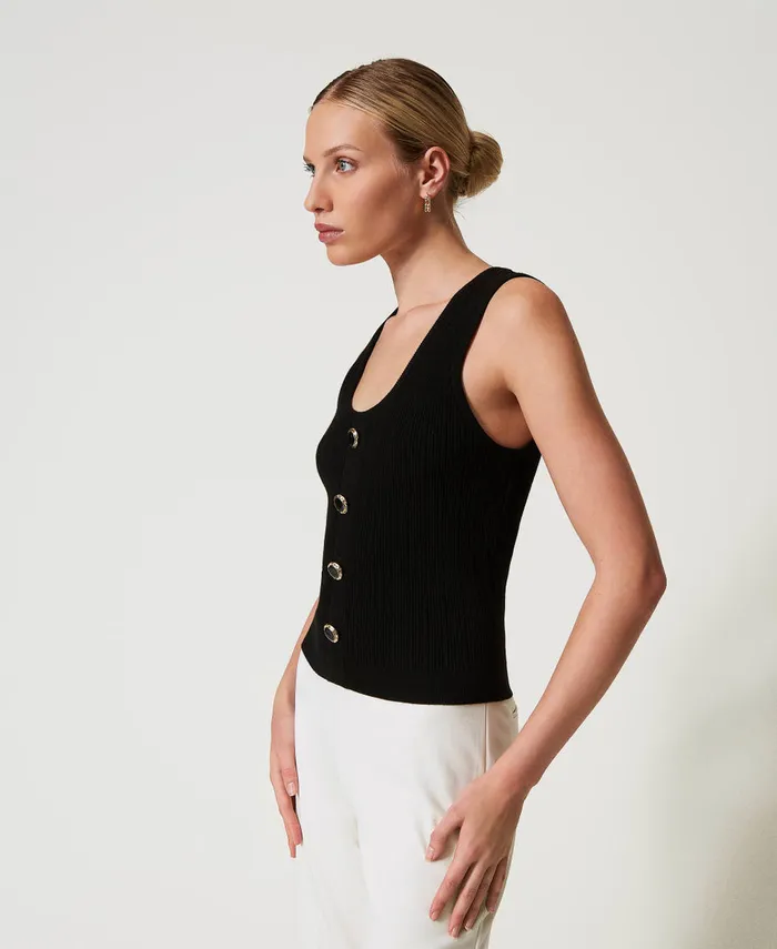 Twinset Knit Top With Decorative Buttons Black Women TShirts And Tops Twinset Knit Top With Decorative Buttons Black Women TShirts And Tops