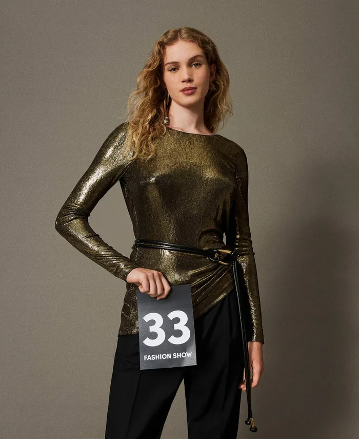 Twinset Laminated Blouse With Knot Laminated Gold Black Women Blouses And Shirts