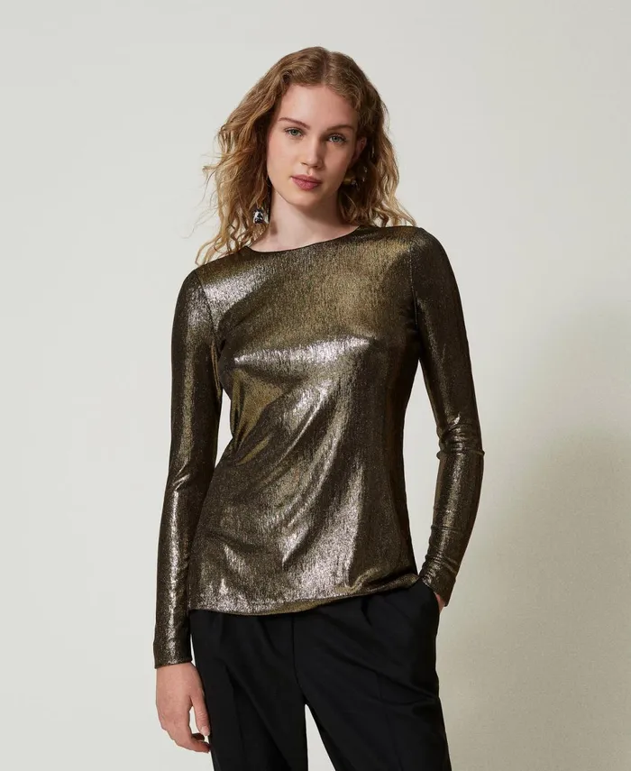 Twinset Laminated Blouse With Knot Laminated Gold Black Women Blouses And Shirts Twinset Laminated Blouse With Knot Laminated Gold Black Women Blouses And Shirts