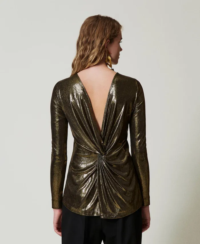 Twinset Laminated Blouse With Knot Laminated Gold Black Women Blouses And Shirts Twinset Laminated Blouse With Knot Laminated Gold Black Women Blouses And Shirts