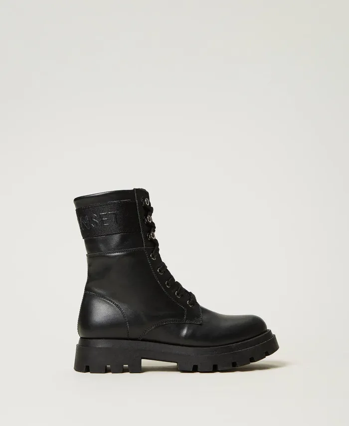 Twinset Leather Combat Boots With Logo Black Girl