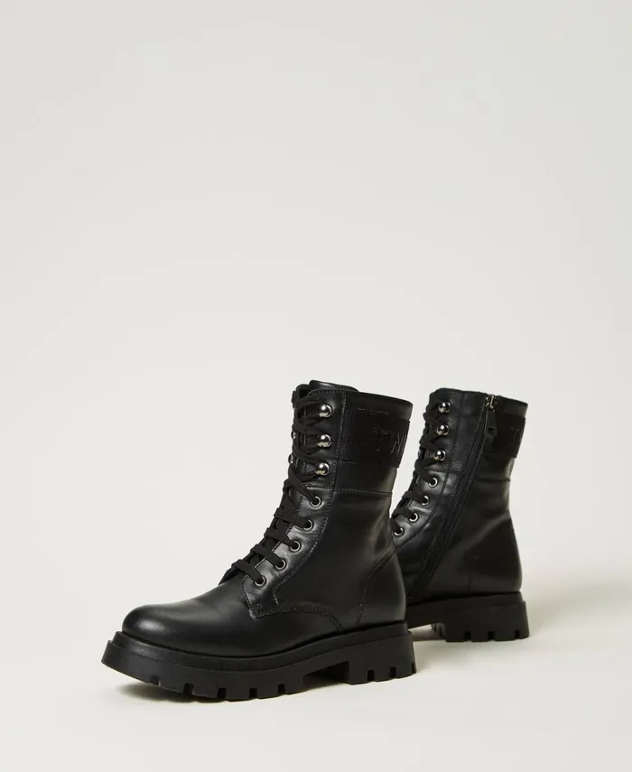 Twinset Leather Combat Boots With Logo Black Girl Twinset Leather Combat Boots With Logo Black Girl
