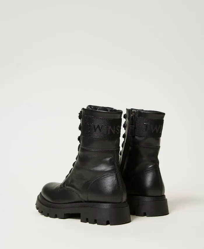 Twinset Leather Combat Boots With Logo Black Girl Twinset Leather Combat Boots With Logo Black Girl