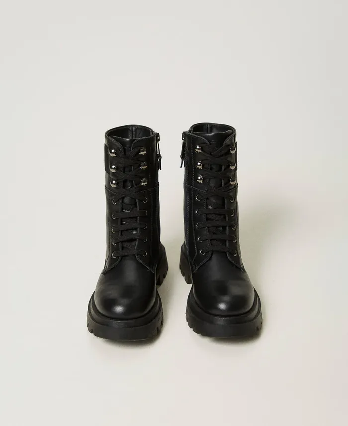 Twinset Leather Combat Boots With Logo Black Girl Twinset Leather Combat Boots With Logo Black Girl