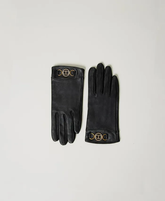 Twinset Leather Gloves With Logo Black Women Gloves