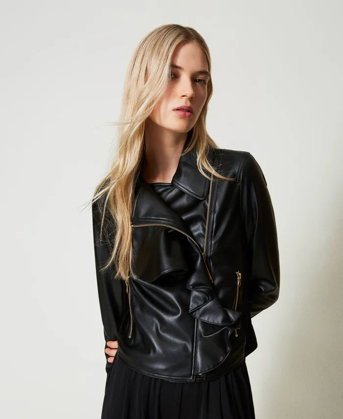 Twinset LeatherLike Biker Jacket With Ruffles Black Women Jackets And Outerwear