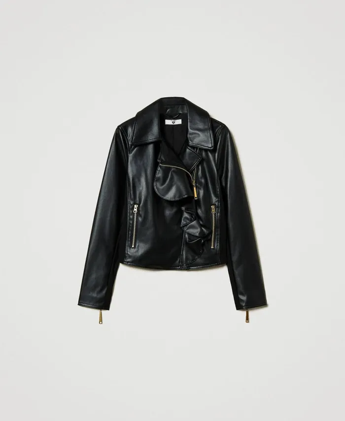 Twinset LeatherLike Biker Jacket With Ruffles Black Women Jackets And Outerwear Twinset LeatherLike Biker Jacket With Ruffles Black Women Jackets And Outerwear