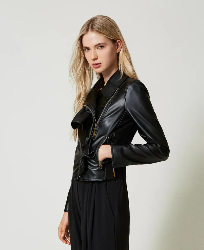 Twinset LeatherLike Biker Jacket With Ruffles Black Women Jackets And Outerwear Twinset LeatherLike Biker Jacket With Ruffles Black Women Jackets And Outerwear
