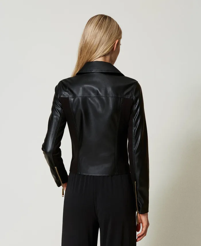 Twinset LeatherLike Biker Jacket With Ruffles Black Women Jackets And Outerwear Twinset LeatherLike Biker Jacket With Ruffles Black Women Jackets And Outerwear