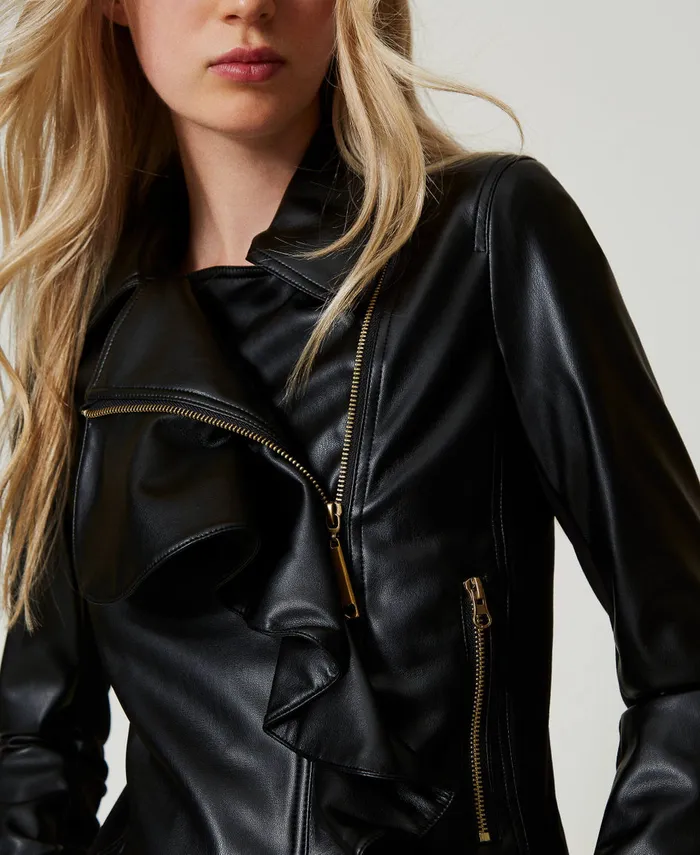Twinset LeatherLike Biker Jacket With Ruffles Black Women Jackets And Outerwear Twinset LeatherLike Biker Jacket With Ruffles Black Women Jackets And Outerwear