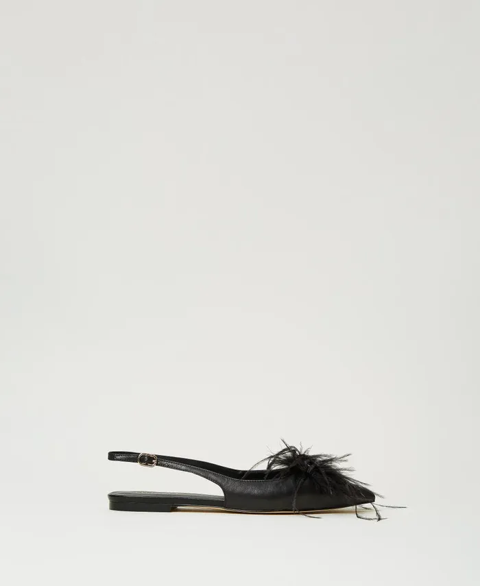 Twinset Leather Sling Back Ballerina Shoes With Feathers Black Women Ballet Flats And Loafers