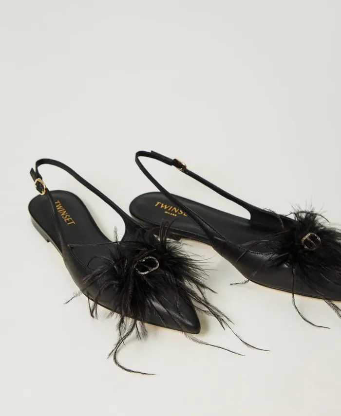 Twinset Leather Sling Back Ballerina Shoes With Feathers Black Women Ballet Flats And Loafers Twinset Leather Sling Back Ballerina Shoes With Feathers Black Women Ballet Flats And Loafers