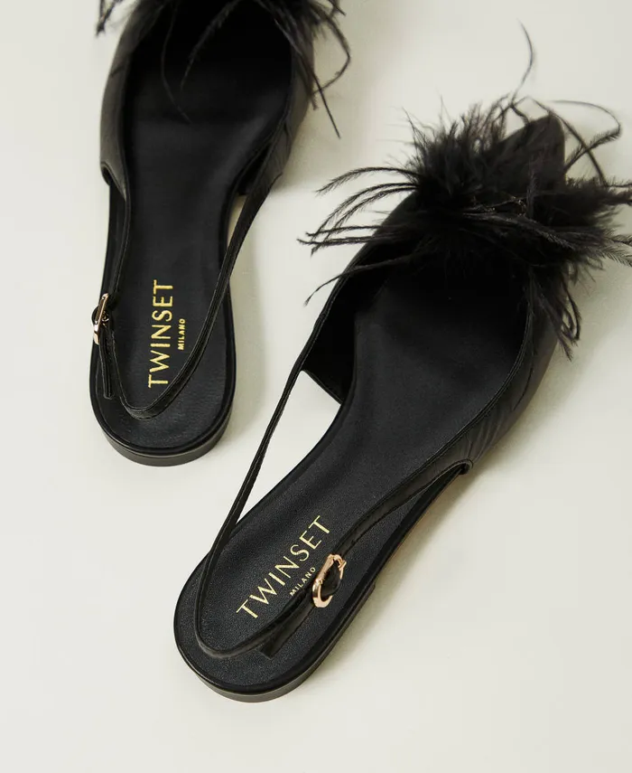 Twinset Leather Sling Back Ballerina Shoes With Feathers Black Women Ballet Flats And Loafers Twinset Leather Sling Back Ballerina Shoes With Feathers Black Women Ballet Flats And Loafers