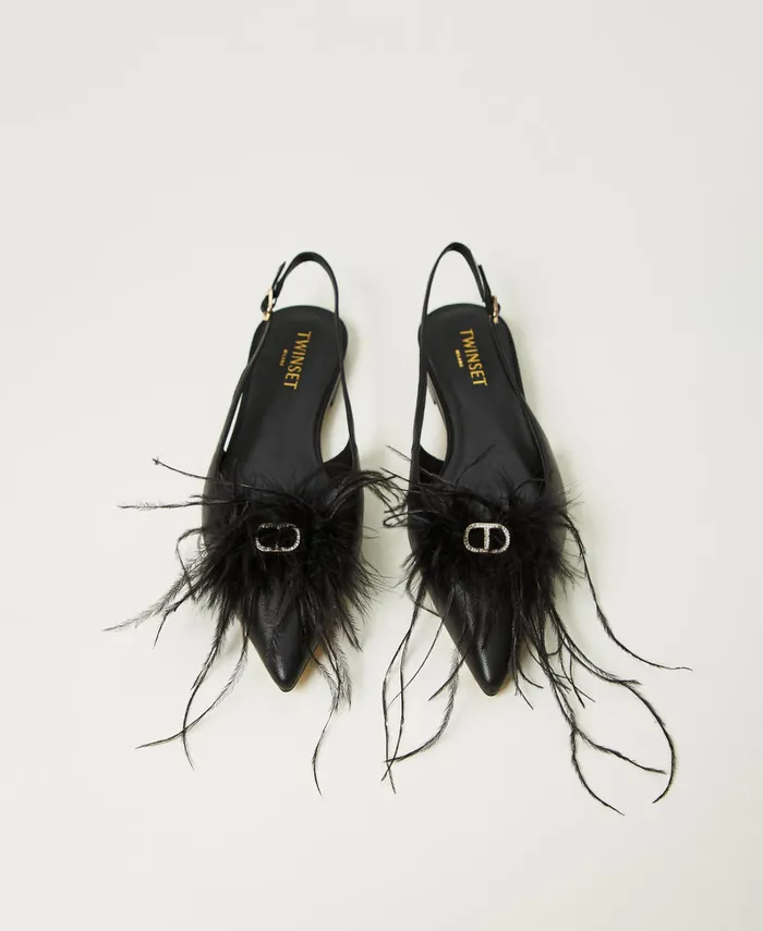 Twinset Leather Sling Back Ballerina Shoes With Feathers Black Women Ballet Flats And Loafers Twinset Leather Sling Back Ballerina Shoes With Feathers Black Women Ballet Flats And Loafers