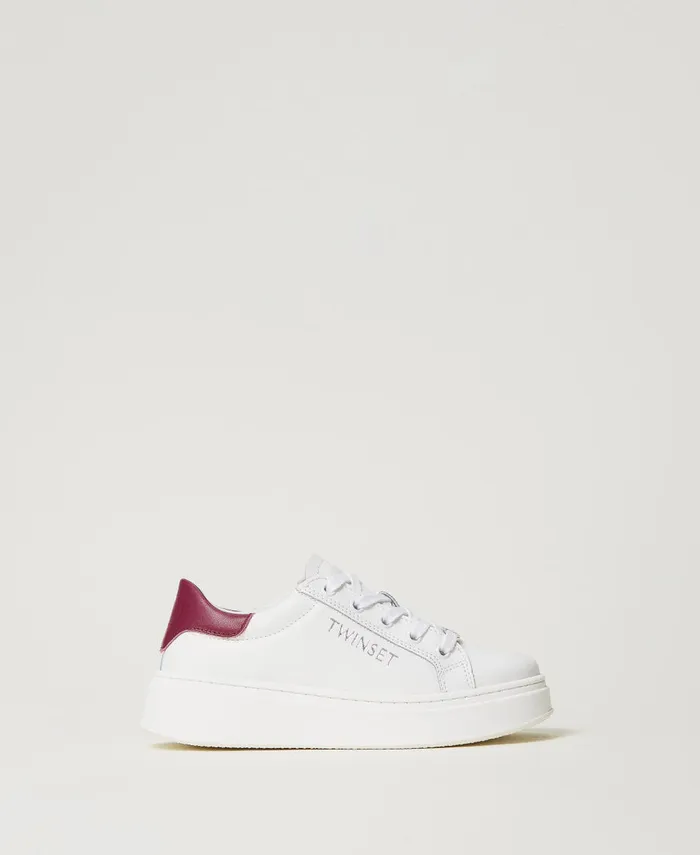 Twinset Leather Trainers With Logo Twotone Optical White Red Plum Girl