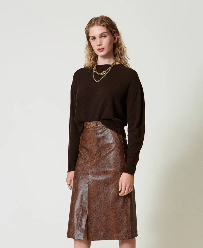 Twinset Lizard Leather Effect Midi Skirt Coffee Black Lizard Print Women Skirts